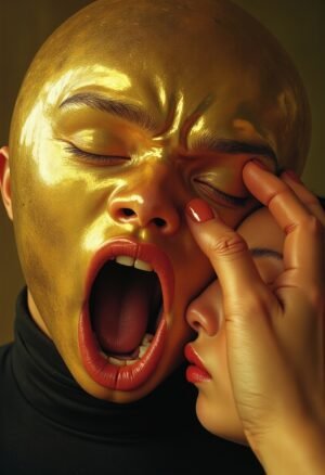 A powerful gold mask with a silent scream, contrasting with a gentle hand, symbolizing the struggle between vulnerability and connection, encapsulating the complexity of the human spirit.