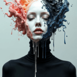 An abstract art print featuring a serene face with dynamic flowing hair, blending warm coral and midnight blues, symbolizing transformation, duality, and the fluid nature of human experience.