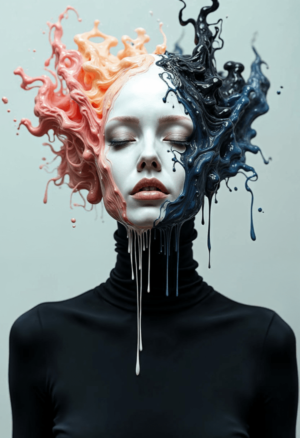 An abstract art print featuring a serene face with dynamic flowing hair, blending warm coral and midnight blues, symbolizing transformation, duality, and the fluid nature of human experience.