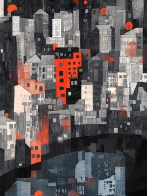 Abstract cityscape painting with bold reds and neutral tones, reflecting the energy of urban life.
