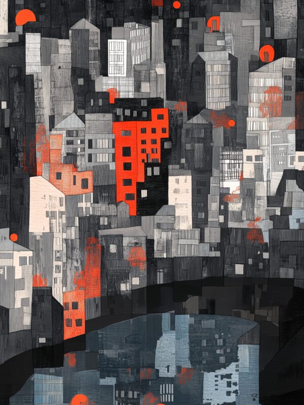 Abstract cityscape painting with bold reds and neutral tones, reflecting the energy of urban life.
