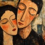 Abstract depiction of a couple in an intimate embrace, their faces close together, symbolizing love and connection with soft, muted tones.