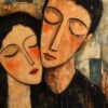 Abstract depiction of a couple in an intimate embrace, their faces close together, symbolizing love and connection with soft, muted tones.
