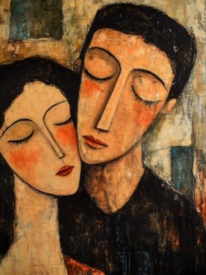 Abstract depiction of a couple in an intimate embrace, their faces close together, symbolizing love and connection with soft, muted tones.