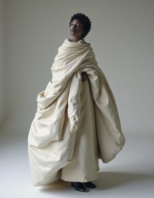 A striking fashion portrait featuring a model enveloped in an oversized garment, highlighting her natural beauty, confidence, and elegance, with a soft, sculptural effect.