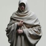 A dramatic portrait of a figure in a dove-gray hooded cloak, with sculptural fabric folds and an intense gaze, captured in minimalist fashion photography.