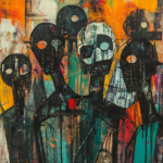 An abstract painting depicting dark-toned figures with white facial features against a vivid orange and yellow background, evoking themes of identity and silent struggles.