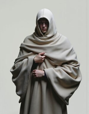 A dramatic portrait of a figure in a dove-gray hooded cloak, with sculptural fabric folds and an intense gaze, captured in minimalist fashion photography.