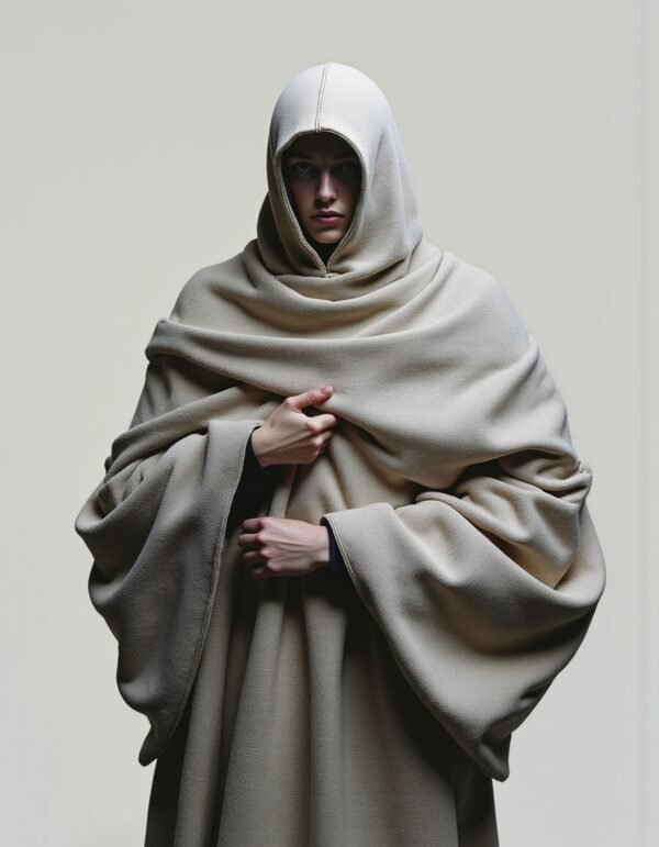 A dramatic portrait of a figure in a dove-gray hooded cloak, with sculptural fabric folds and an intense gaze, captured in minimalist fashion photography.