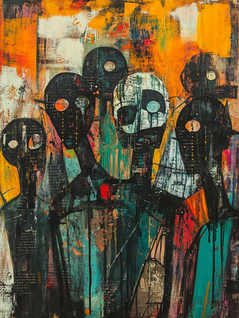 An abstract painting depicting dark-toned figures with white facial features against a vivid orange and yellow background, evoking themes of identity and silent struggles.