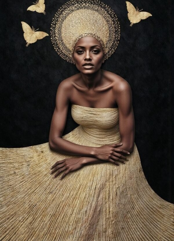 A portrait of a powerful figure in a golden gown, surrounded by golden butterflies. The warm gold contrasts with her deep skin tone, celebrating strength, grace, and transformation. The rich details and dark background create an intimate, regal atmosphere.