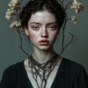 A portrait of a young woman with flowers atop her head, framed by intertwining branches, embodying the connection between humanity and nature. Soft pastel colors contrast with her dark attire, capturing an ethereal, dreamlike beauty.