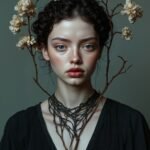 A portrait of a young woman with flowers atop her head, framed by intertwining branches, embodying the connection between humanity and nature. Soft pastel colors contrast with her dark attire, capturing an ethereal, dreamlike beauty.
