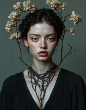 A portrait of a young woman with flowers atop her head, framed by intertwining branches, embodying the connection between humanity and nature. Soft pastel colors contrast with her dark attire, capturing an ethereal, dreamlike beauty.