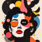 A dynamic portrait of a woman, featuring bold geometric elements and vibrant colors, with a powerful gaze and red lips. Abstract shapes and whimsical motifs surround her, symbolizing layers of identity and self-expression.
