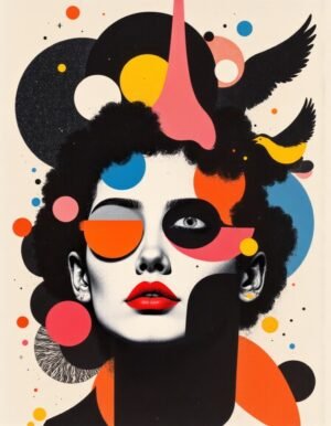 A dynamic portrait of a woman, featuring bold geometric elements and vibrant colors, with a powerful gaze and red lips. Abstract shapes and whimsical motifs surround her, symbolizing layers of identity and self-expression.