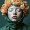A young figure in a green jacket, adorned with soft peach-hued flowers, embraces nature in a tranquil moment of introspection. The peaceful scene highlights the connection between humanity and the natural world.