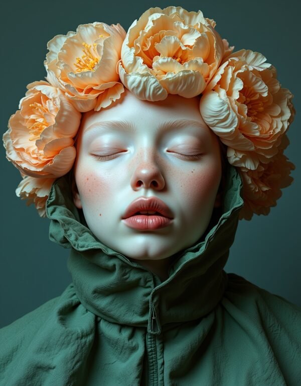 A young figure in a green jacket, adorned with soft peach-hued flowers, embraces nature in a tranquil moment of introspection. The peaceful scene highlights the connection between humanity and the natural world.