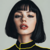 A confident portrait of a figure with a sleek bob and yellow outline, featuring expressive eyes, full lips, and subtle freckles, embodying bold simplicity and natural beauty.