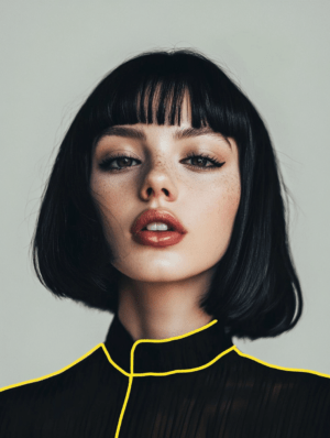 A confident portrait of a figure with a sleek bob and yellow outline, featuring expressive eyes, full lips, and subtle freckles, embodying bold simplicity and natural beauty.