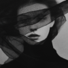 A haunting portrait of a figure partially concealed by flowing black fabric, with a mysterious expression and dramatic interplay of light and shadow.