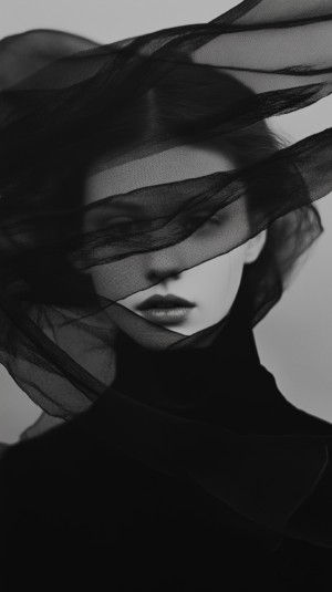 A haunting portrait of a figure partially concealed by flowing black fabric, with a mysterious expression and dramatic interplay of light and shadow.