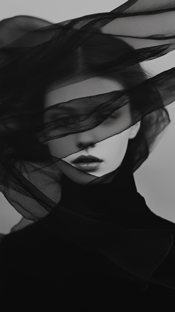 A haunting portrait of a figure partially concealed by flowing black fabric, with a mysterious expression and dramatic interplay of light and shadow.