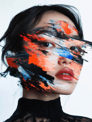A figure's face adorned with bold, colorful strokes of red, blue, and orange, blending into a powerful representation of identity and self-expression through art.