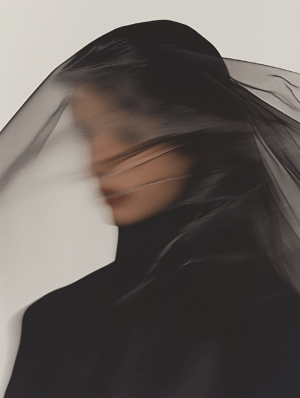 A figure partially obscured by swirling layers of sheer fabric, creating a sense of mystery and grace, as light and shadow interplay to evoke intrigue.