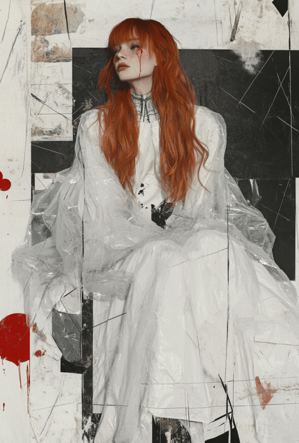An abstract artwork of a figure in a translucent white garment with long red hair, set against a black-and-white backdrop, exploring vulnerability, emotion, and underlying conflict.