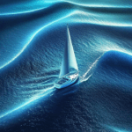 A sailboat with white sails gliding over luminous waves in a deep blue ocean, with shimmering light reflecting off the water, creating a peaceful and serene maritime scene.