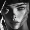 A woman gazing intensely through a fractured mirror, illuminated by contrasting light and shadows, highlighting her eyes, freckles, and the fragmented nature of identity.