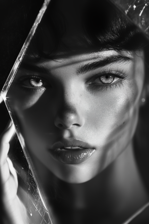 A woman gazing intensely through a fractured mirror, illuminated by contrasting light and shadows, highlighting her eyes, freckles, and the fragmented nature of identity.