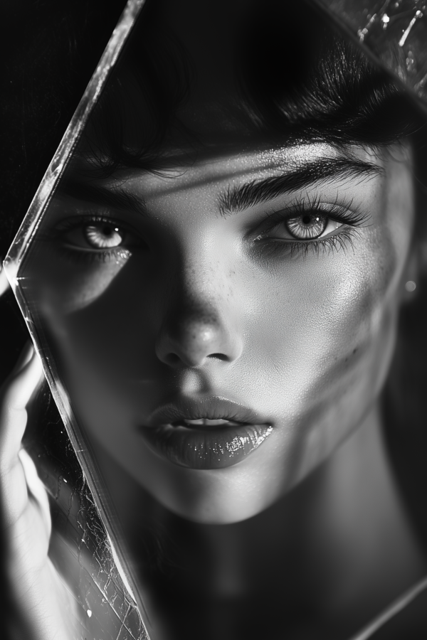 A woman gazing intensely through a fractured mirror, illuminated by contrasting light and shadows, highlighting her eyes, freckles, and the fragmented nature of identity.