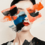 An abstract portrait with bold brushstrokes and vivid colors over the figure’s face, highlighting the dynamic contrast between realism and abstraction, with red lips as a focal point.