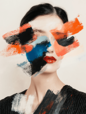 An abstract portrait with bold brushstrokes and vivid colors over the figure’s face, highlighting the dynamic contrast between realism and abstraction, with red lips as a focal point.
