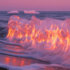 A glowing wave about to crash, illuminated by warm light reflecting soft pink and purple hues, with distant icebergs and the dark ocean surface creating a dynamic, enchanting scene.