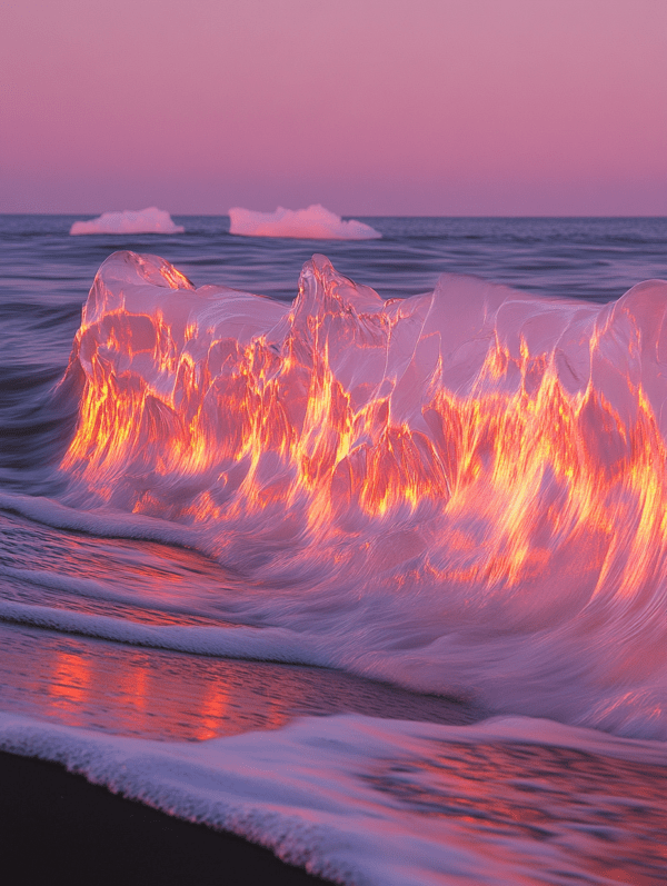 A glowing wave about to crash, illuminated by warm light reflecting soft pink and purple hues, with distant icebergs and the dark ocean surface creating a dynamic, enchanting scene.