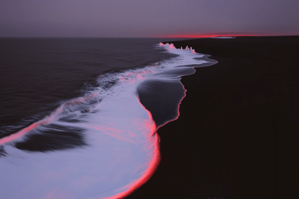 A coastal scene at dusk with gentle waves meeting a dark beach, illuminated by red light. Ice formations rise in the distance, creating a serene yet mysterious atmosphere.