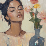 An abstract portrait of a figure with closed eyes, accompanied by a vase of delicate flowers, creating a tranquil atmosphere with soft, warm colors and textured brushstrokes.