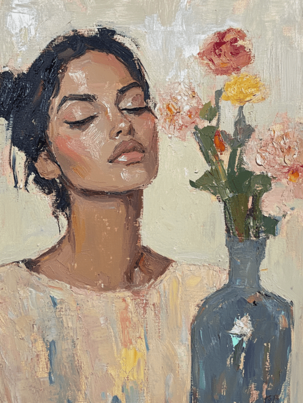 An abstract portrait of a figure with closed eyes, accompanied by a vase of delicate flowers, creating a tranquil atmosphere with soft, warm colors and textured brushstrokes.