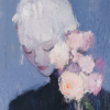 An abstract portrait of a figure gently holding a bouquet of pink roses, with muted colors and soft brushstrokes evoking a peaceful, dreamlike atmosphere.