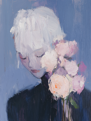 An abstract portrait of a figure gently holding a bouquet of pink roses, with muted colors and soft brushstrokes evoking a peaceful, dreamlike atmosphere.