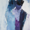 An abstract painting of two figures embracing, rendered in deep blues and purples with textured brushstrokes, capturing the warmth and intimacy of their connection.
