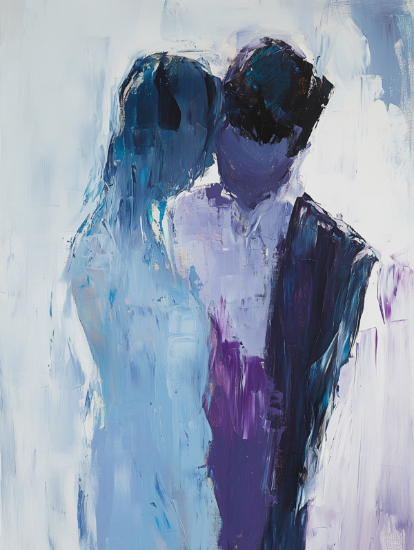 An abstract painting of two figures embracing, rendered in deep blues and purples with textured brushstrokes, capturing the warmth and intimacy of their connection.