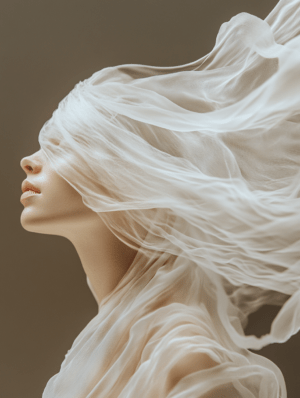 A woman with her eyes obscured by sheer fabric, creating an ethereal, dreamlike effect, her calm expression accentuating the beauty of stillness and grace.