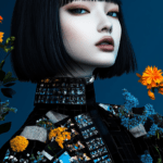 A confident figure in a shimmering garment stands against a deep blue backdrop, surrounded by vibrant flowers, capturing a fusion of modernity and nature in a stunning visual harmony.