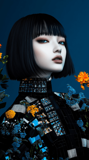 A confident figure in a shimmering garment stands against a deep blue backdrop, surrounded by vibrant flowers, capturing a fusion of modernity and nature in a stunning visual harmony.