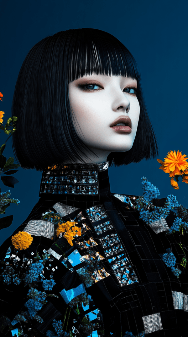 A confident figure in a shimmering garment stands against a deep blue backdrop, surrounded by vibrant flowers, capturing a fusion of modernity and nature in a stunning visual harmony.