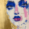 A close-up abstract portrait with bold blue and pink strokes, set against a shimmering gold background, featuring expressive facial features that evoke confidence and allure.